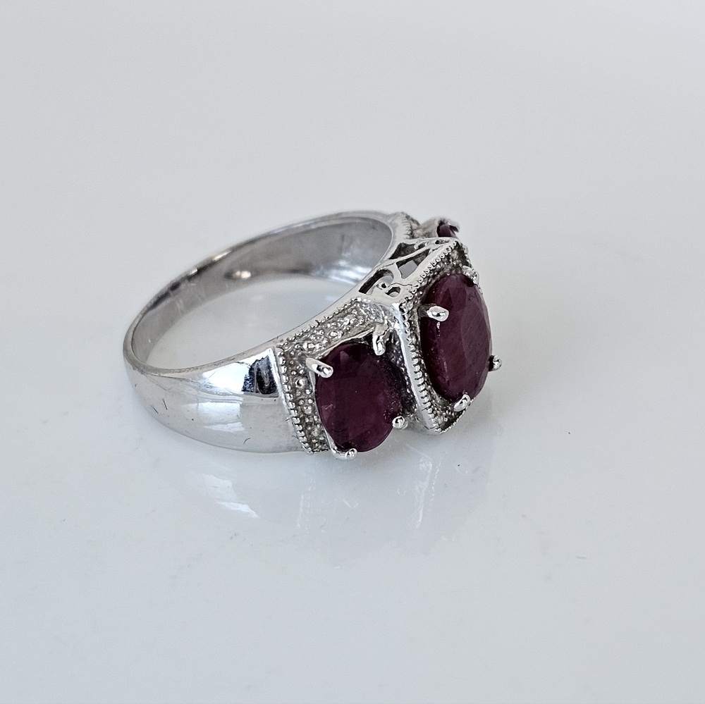 Genuine Ruby & Diamond Ring Sterling Silver Size … - image 4